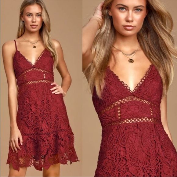 Lulus Dearly Beloved Deep Red Crochet Lace Dress Medium - Picture 2 of 11